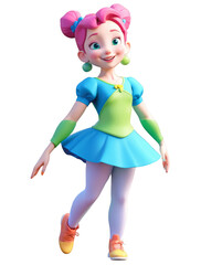 Cute cartoon girl with pink hair and blue eyes wearing a blue and green dress. Transparent background. AI.