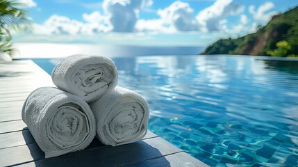 Rolled towels reside a blue infinity pool with a view of the ocean on a sunny day