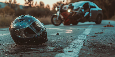 A dramatic scene of a motorcycle accident on a wet road during a rainy day, highlighting danger and emergency.