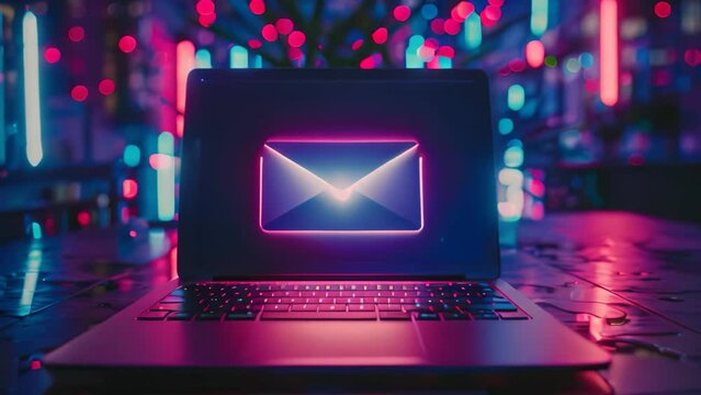A laptop illuminated in a dark room, displaying an email icon on its screen, Email Security Warning, Unusual Activity Detected in Your Inbox