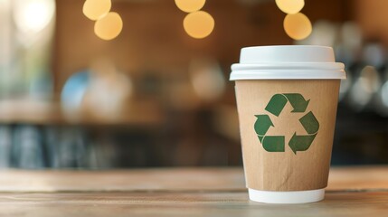 Eco-friendly coffee cup with recycling symbol placed on wooden table in cozy cafe with warm lighting. Sustainable take-away concept.