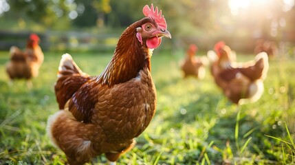 Fototapeta premium Brown chicken standing on green grass in a field with more chickens