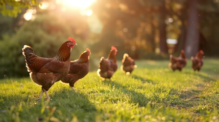 Fototapeta premium Chickens grazing in a green field with sunlight filtering through trees.