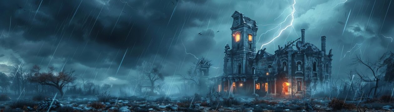 3D background Ghosts floating around a dilapidated, abandoned mansion with lightning illuminating the scene