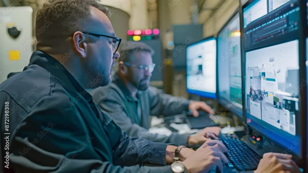 Poster two engineers focused on computer screens, analyzing system performance in a factory setting, engine