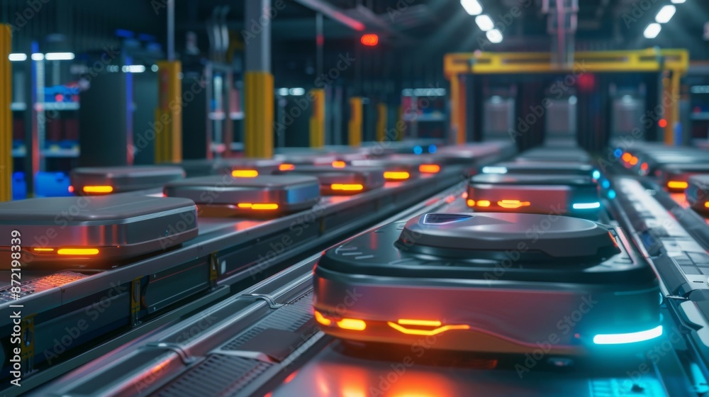 Poster a high-tech conveyor system in an industrial facility, with robotic platforms moving goods on a trac