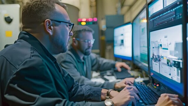 Two engineers focused on computer screens, analyzing system performance in a factory setting, Engineers analyze system performance through a SCADA system