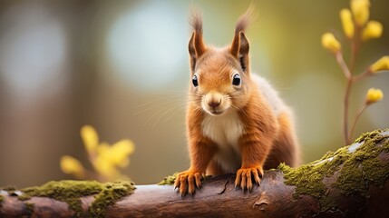 Obraz premium A cute red squirrel perched on a tree branch, looking directly at the camera.