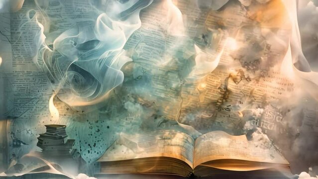 An open book releasing smoke, creating a mysterious and intriguing scene, Enigmatic source of inspiration for poets and artists