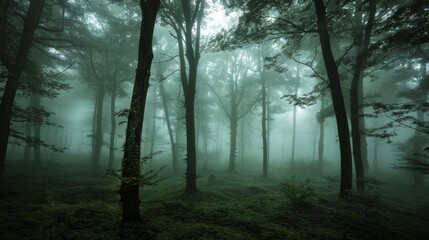 Creepy forest with dense fog and eerie silhouettes of trees, haunting light piercing through