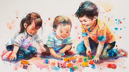 Charming watercolor illustration of children playing with toys and game