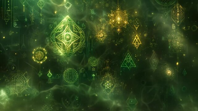 A green backdrop filled with mysterious symbols of different shapes and sizes, Enigmatic symbols floating in a void