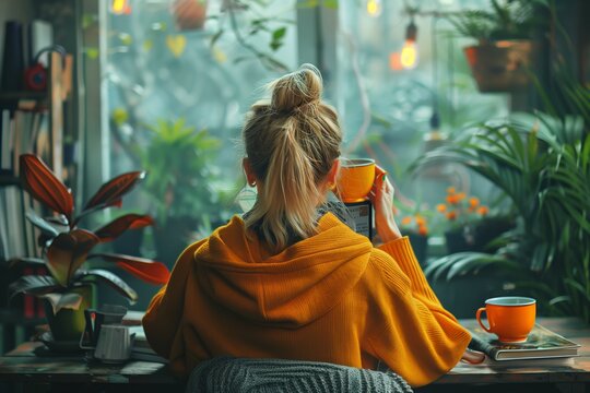 Woman in Yellow Sweater Drinking Coffee Near Window