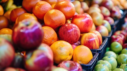 A colorful arrangement of apples, oranges, and other fruits in market.