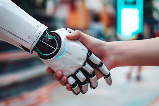 Human and robot android hands in a handshake. Friendship between artificial and human