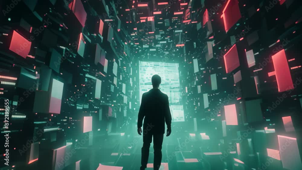 Poster a man is standing in front of a computer screen, focused on the digital display, error messages floa