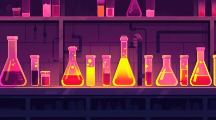 Brightly colored laboratory glassware with various chemical solutions.