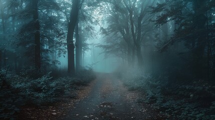 Fototapeta premium Dark forest path shrouded in fog, eerie light casting long shadows, haunting vibe