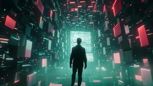 A man is standing in front of a computer screen, focused on the digital display, Error messages floating in a digital void