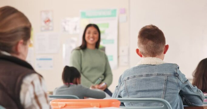 Asian woman, teacher and question for lesson in classroom, education and pupils for answer to knowledge. Female person, students and teaching solution or problem, hand raised and support for lecture