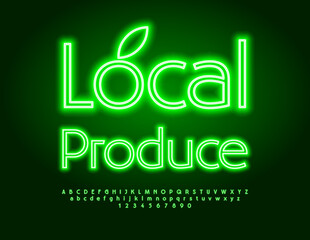 Vector Neon Signboard Local Produce. Glowing Green Font. Bright Electric Alphabet Letters and Numbers set.	