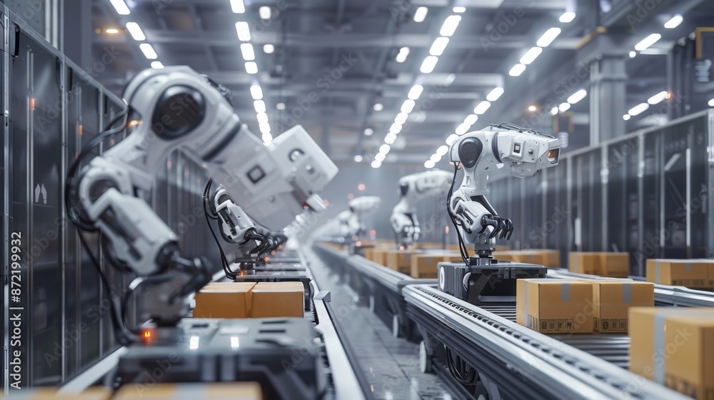 Poster Multiple robotic arms operate on a conveyor belt in a modern warehouse, handling and sorting packages for efficient distribution.