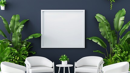 Elegant 3D office setup with minimalist white furniture, vibrant green plants, and a blank white frame on a navy blue wall.