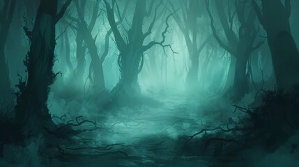 Eerie forest clearing with misty ground and ominous tree silhouettes, ethereal glow