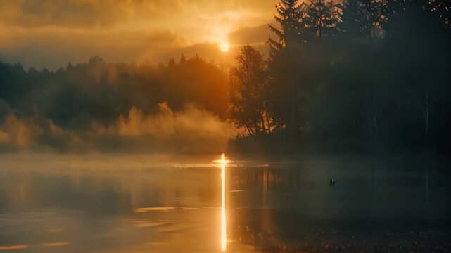 The sun rising above a tranquil lake, illuminating the fog lingering among the trees, Ethereal mist diffusing the brightness of dawn