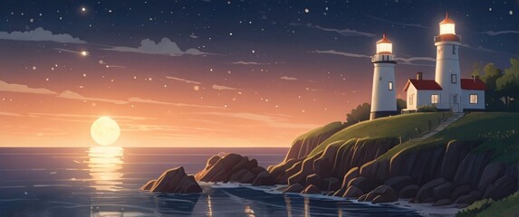 illustration lighthouse on the cliff with beauty starry sky 
