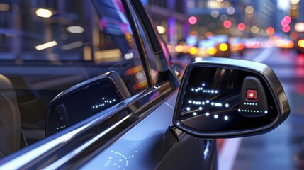 A close-up view of a cars side mirror with a blind spot detection system, featuring a series of white lights on the mirror surface. The lights illuminate when a vehicle is detected in the blind spot.