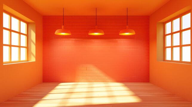 Minimalist bright orange room with hanging lights and large windows.
