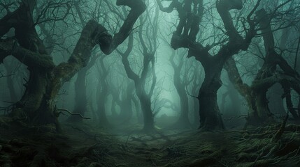 Ghostly forest with twisted tree trunks and thick mist, eerie light casting ghostly glow