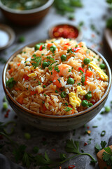 Egg Fried Rice: Cooked rice stir-fried with beaten eggs, vegetables, soy sauce, and  shrimp.