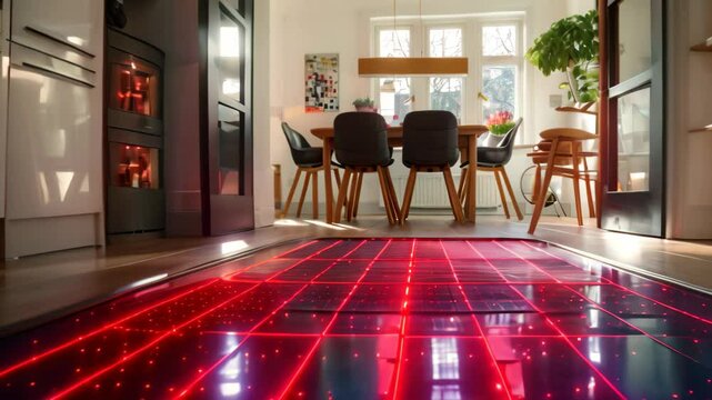 A contemporary living room featuring a floor illuminated by a vibrant red light, Examining the architectural impact of underfloor heating on the design of a traditional flat