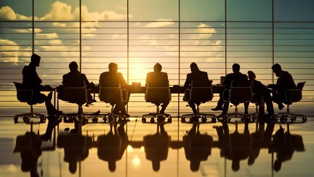 Group of executives in silhouette having a discussion at a conference table, Executives discussing future strategies around a conference table