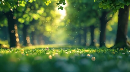 Serene forest pathway with warm sunlight filtering through leaves.