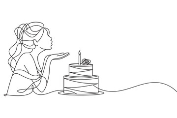 Birthday line art style blowing out birthday cake candles on transparent background, minimalist style, birthday cake