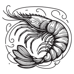 New shrimp fish silhouette vector and logo style with white background and coloring book 