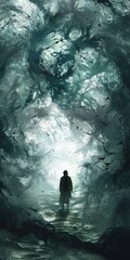 Fototapeta premium Solitary Figure in Dark Forest Symbolizing Depression and Isolation