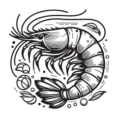 New shrimp fish silhouette vector and logo style with white background and coloring book 