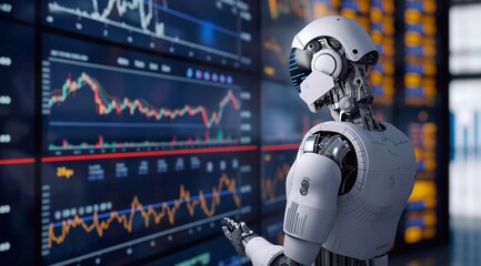 3D rendering of a humanoid robot analyzing a stock market chart with trading charts. Concept of artificial intelligence in financial markets, neon lighting, copy space.