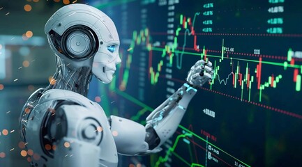 3D rendering of a humanoid robot analyzing a stock market chart with trading charts. Concept of artificial intelligence in financial markets, neon lighting, copy space.