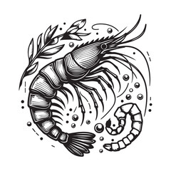 New shrimp fish silhouette vector and logo style with white background and coloring book 