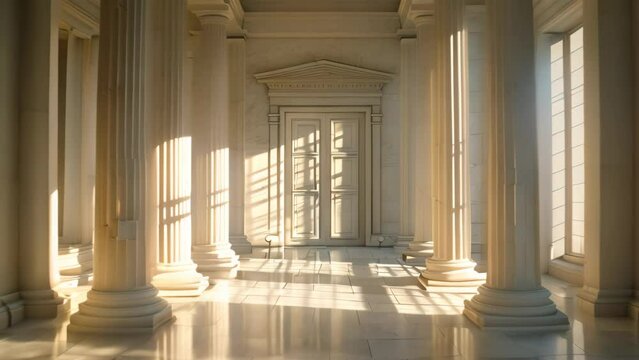 Sunlight streams through windows, casting shadows on columns in a hallway, Experiment with light and shadow to emphasize the classical forms and proportions of neoclassical architecture