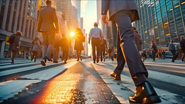 crowded streets in a metropolitan commercial district during rush hour. Melting pot pedestrians at a zebra crossing, and before dusk, heavy traffic.