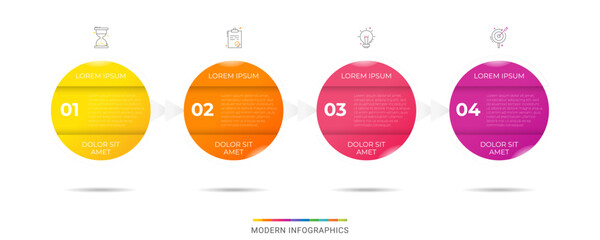 Business vector infographics with four circles and arrows. Timeline visualization with 4 steps for diagram, flowchart, banner, presentations, web, content, levels, chart, graphic