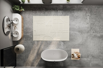 Top view of bathroom with a white rug and a white bathtub. The bathroom is clean and well-maintained