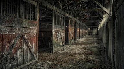 Fototapeta premium Empty horse stable, weathered wood. Generative AI