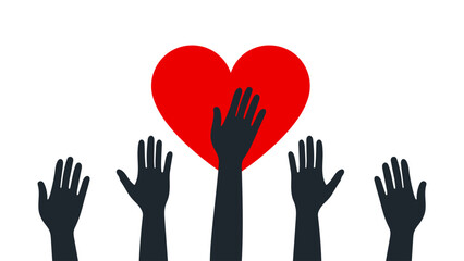 Hands reaching towards a bright red heart